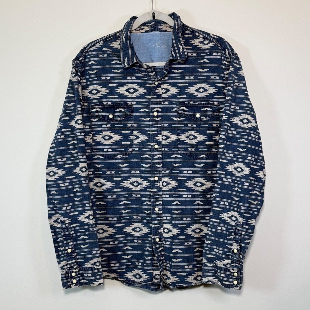 Gap 1969 Denim Shirt Mens XL Blue Good Southwestern Ikat Long Sleeve Button Up